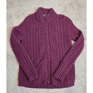 Inis Crafts Irish Cable Knit Sweater Cardigan M Maroon Womens 100% Merino Wool